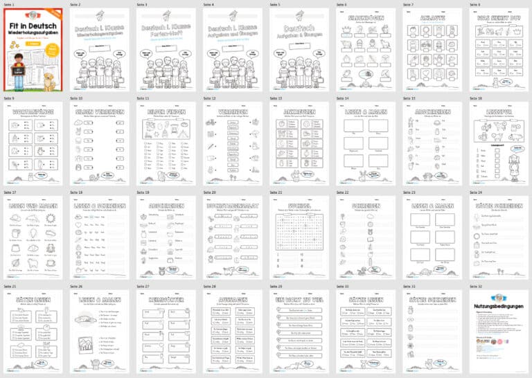 Fit in Deutsch: Wiederholungsaufgaben für die 1. Klasse (30 Arbeitsblätter) – Überblick Fit in Deutsch: Wiederholungsaufgaben für die 1. Klasse (30 Arbeitsblätter) – Überblick
