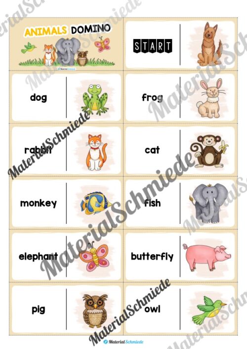 Tiere / Animals: Domino auf Englisch (Arbeitsblatt 01)