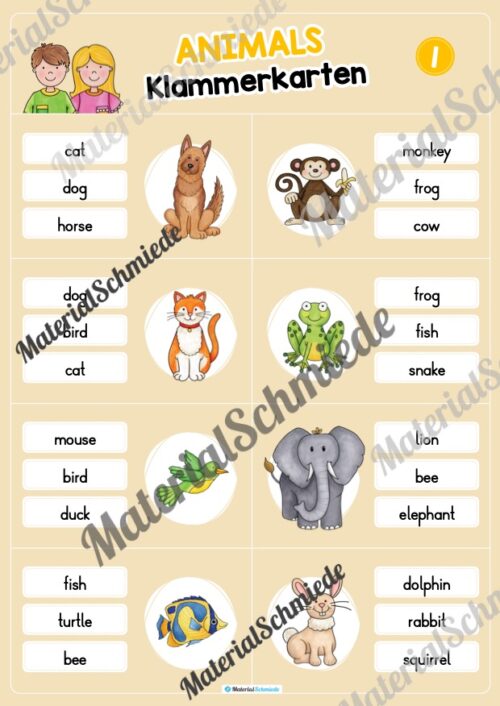 Tiere / Animals: Klammerkarten auf Englisch (Arbeitsblatt 01)