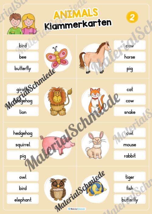 Tiere / Animals: Klammerkarten auf Englisch (Arbeitsblatt 02)