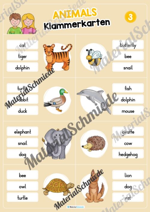 Tiere / Animals: Klammerkarten auf Englisch (Arbeitsblatt 03)