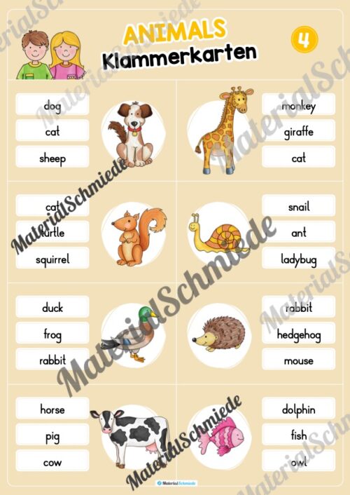 Tiere / Animals: Klammerkarten auf Englisch (Arbeitsblatt 04)