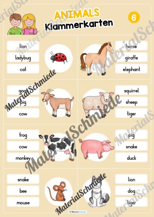 Tiere / Animals: Klammerkarten auf Englisch (Arbeitsblatt 06)