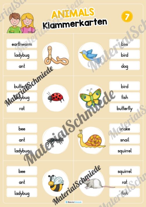 Tiere / Animals: Klammerkarten auf Englisch (Arbeitsblatt 07)