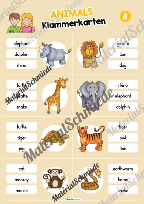 Tiere / Animals: Klammerkarten auf Englisch (Arbeitsblatt 08)