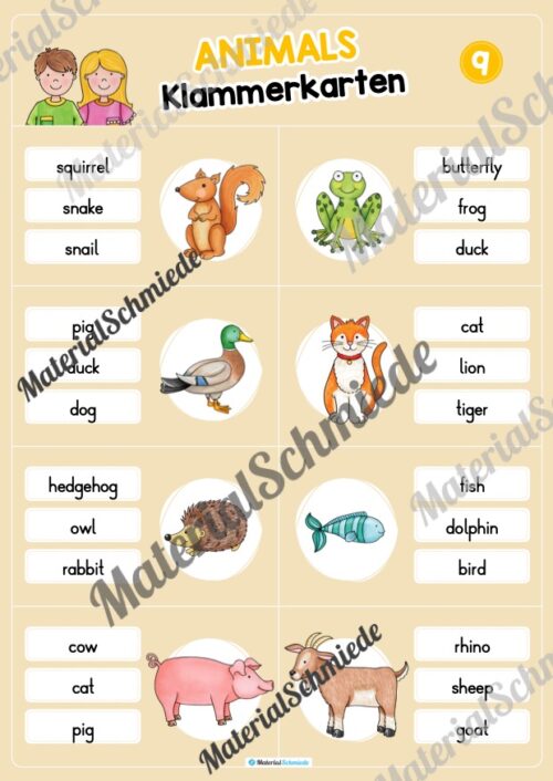 Tiere / Animals: Klammerkarten auf Englisch (Arbeitsblatt 09)