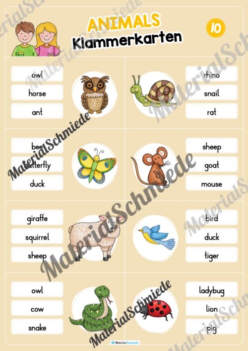 Tiere / Animals: Klammerkarten auf Englisch (Arbeitsblatt 10)