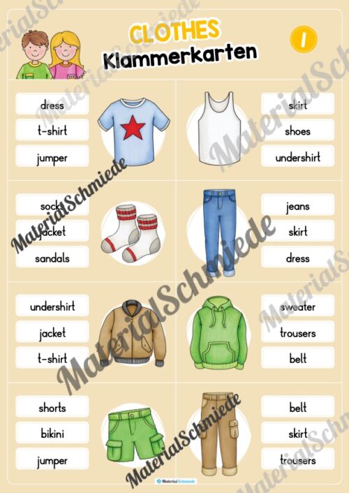 Kleidung / Clothes: Klammerkarten auf Englisch (Arbeitsblatt 01)