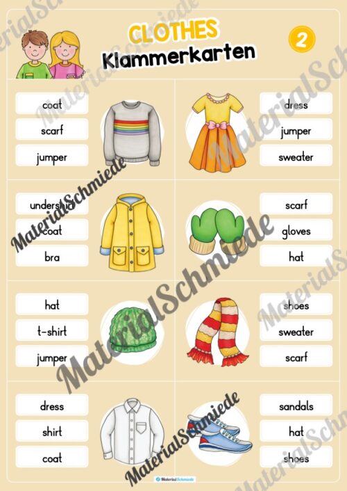 Kleidung / Clothes: Klammerkarten auf Englisch (Arbeitsblatt 02)