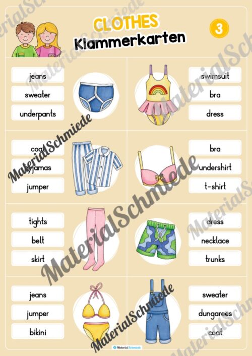 Kleidung / Clothes: Klammerkarten auf Englisch (Arbeitsblatt 03)