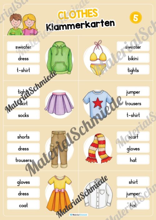 Kleidung / Clothes: Klammerkarten auf Englisch (Arbeitsblatt 05)