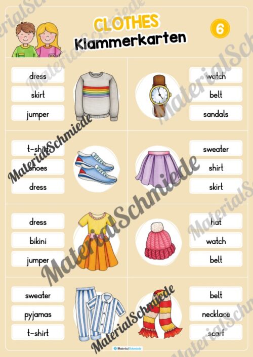 Kleidung / Clothes: Klammerkarten auf Englisch (Arbeitsblatt 06)