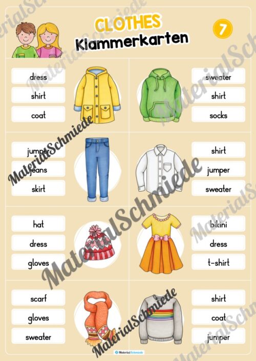Kleidung / Clothes: Klammerkarten auf Englisch (Arbeitsblatt 07)