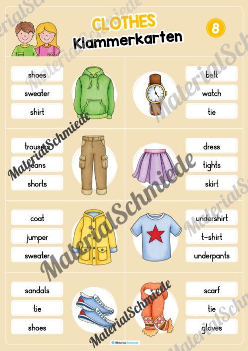 Kleidung / Clothes: Klammerkarten auf Englisch (Arbeitsblatt 08)