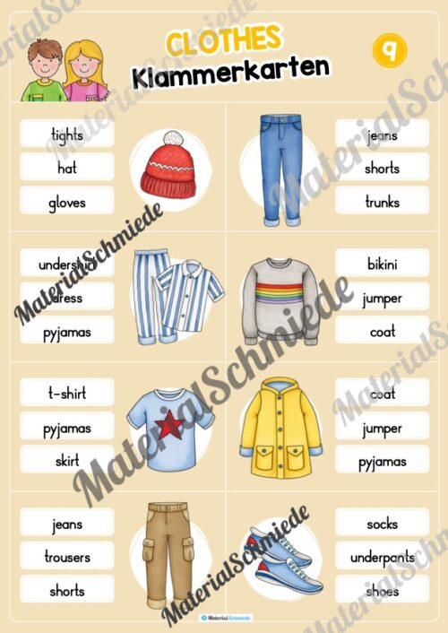 Kleidung / Clothes: Klammerkarten auf Englisch (Arbeitsblatt 09)