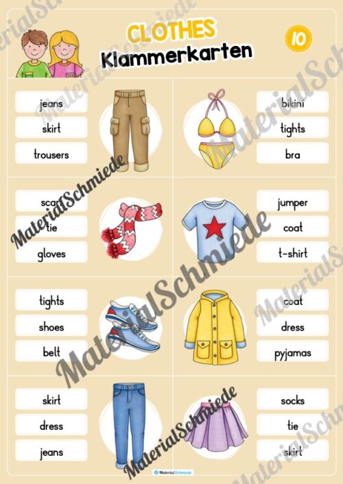 Kleidung / Clothes: Klammerkarten auf Englisch (Arbeitsblatt 10)
