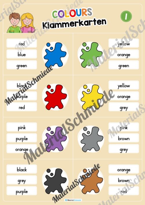 Farben / Colours: Klammerkarten auf Englisch (Arbeitsblatt 01)