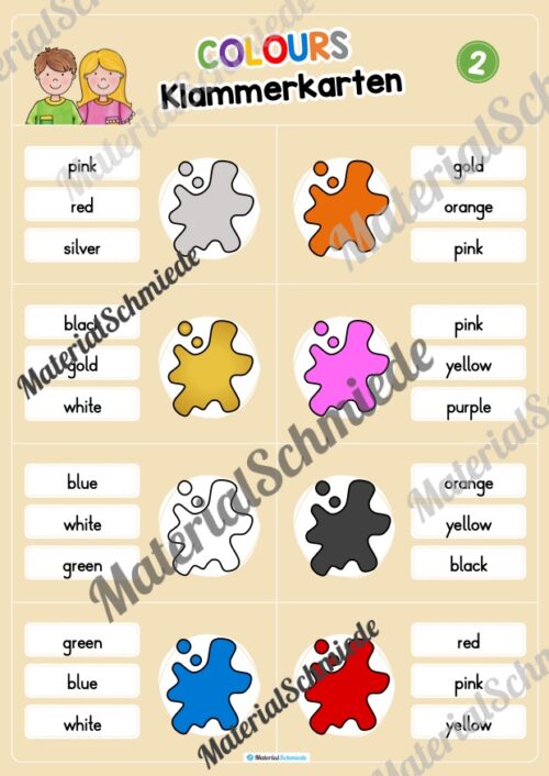 Farben / Colours: Klammerkarten auf Englisch (Arbeitsblatt 02)