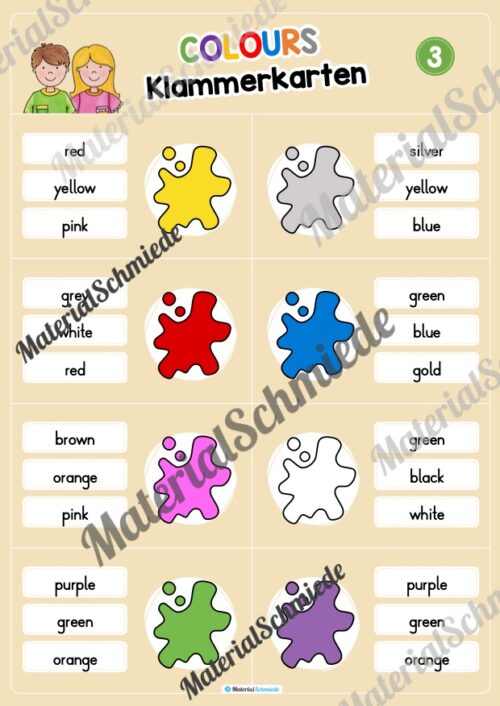 Farben / Colours: Klammerkarten auf Englisch (Arbeitsblatt 03)
