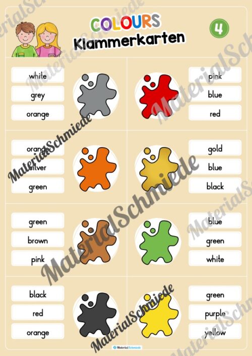 Farben / Colours: Klammerkarten auf Englisch (Arbeitsblatt 04)