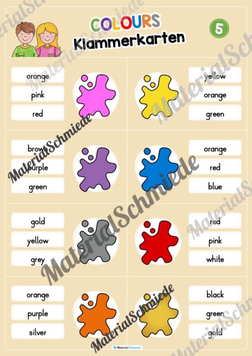Farben / Colours: Klammerkarten auf Englisch (Arbeitsblatt 05)