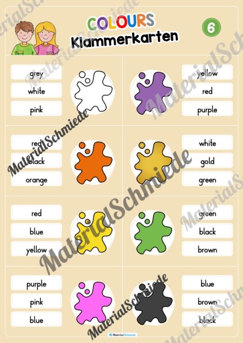 Farben / Colours: Klammerkarten auf Englisch (Arbeitsblatt 06)