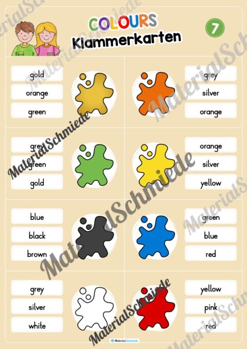 Farben / Colours: Klammerkarten auf Englisch (Arbeitsblatt 07)