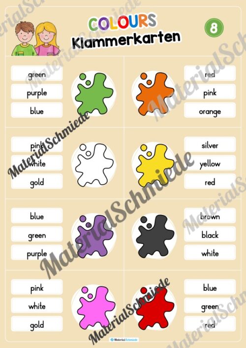 Farben / Colours: Klammerkarten auf Englisch (Arbeitsblatt 08)