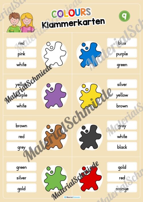 Farben / Colours: Klammerkarten auf Englisch (Arbeitsblatt 09)