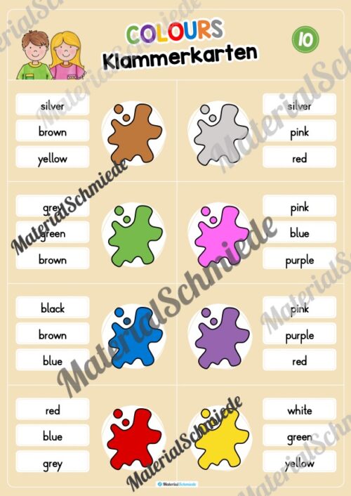 Farben / Colours: Klammerkarten auf Englisch (Arbeitsblatt 10)