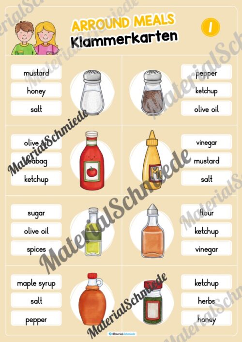 Rund um die Mahlzeiten / Arround Meals: Klammerkarten auf Englisch (10 Seiten) - Arbeitsblatt 01