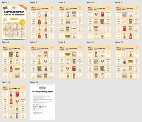 Rund um die Mahlzeiten / Arround Meals: Klammerkarten auf Englisch (10 Seiten) - Überblick