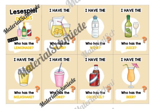 Getränke / Drinks: Lesespiel auf Englisch (Arbeitsblatt 01)