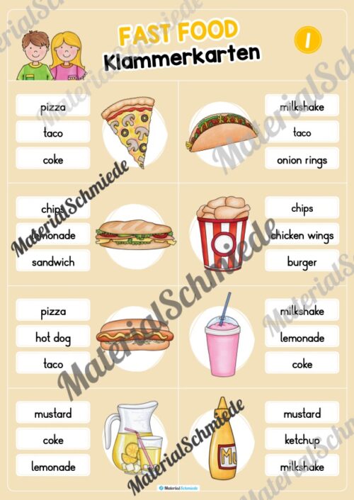 Fast Food: Klammerkarten auf Englisch (Arbeitsblatt 01)