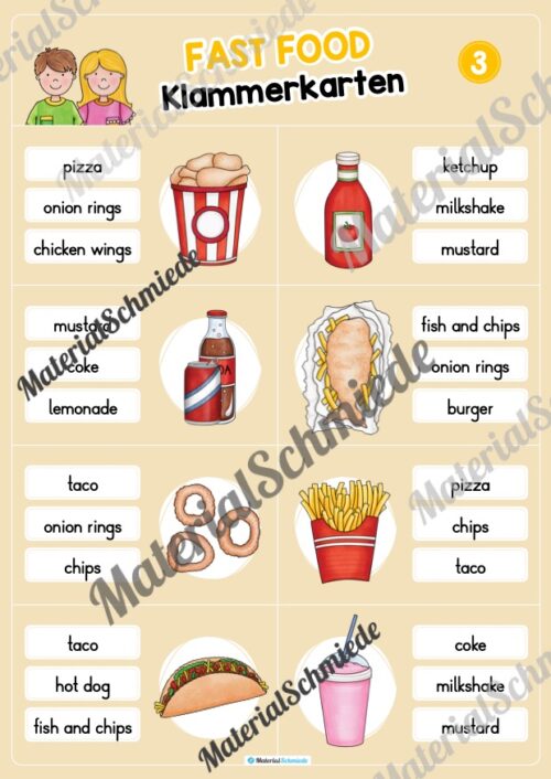 Fast Food: Klammerkarten auf Englisch (Arbeitsblatt 03)