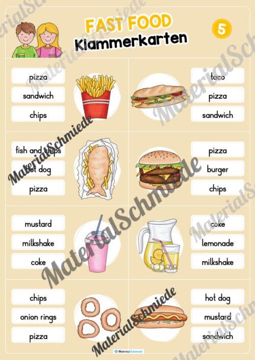 Fast Food: Klammerkarten auf Englisch (Arbeitsblatt 05)