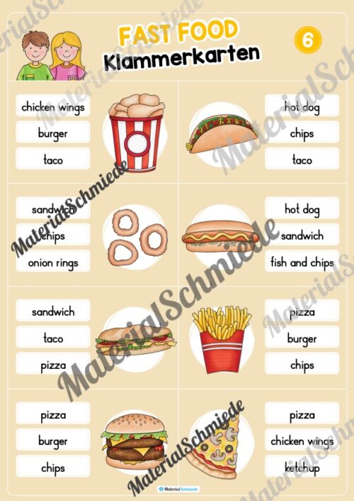Fast Food: Klammerkarten auf Englisch (Arbeitsblatt 06)