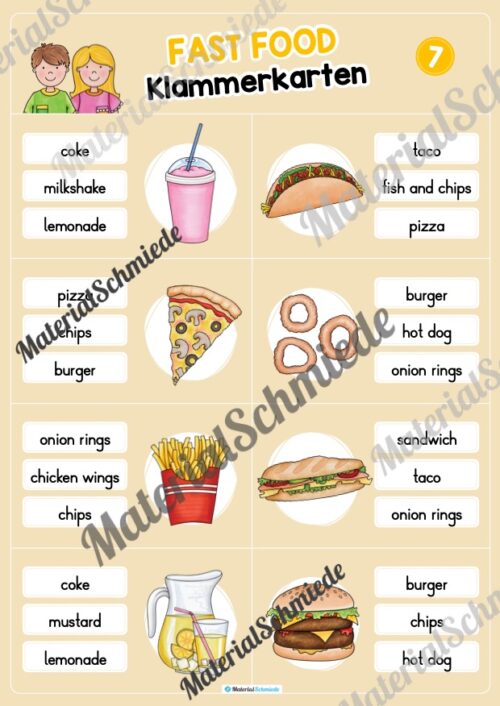 Fast Food: Klammerkarten auf Englisch (Arbeitsblatt 07)
