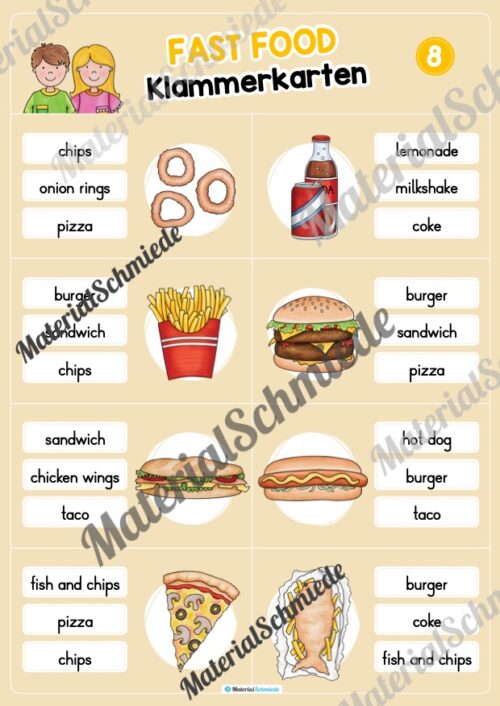 Fast Food: Klammerkarten auf Englisch (Arbeitsblatt 08)