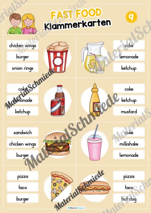 Fast Food: Klammerkarten auf Englisch (Arbeitsblatt 09)