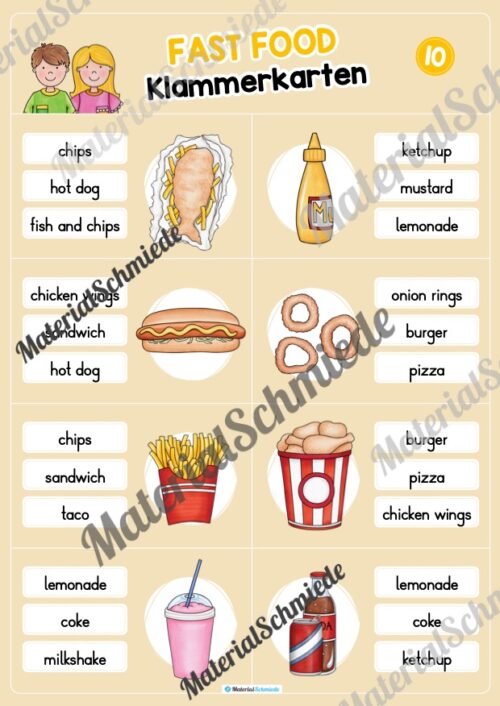 Fast Food: Klammerkarten auf Englisch (Arbeitsblatt 10)