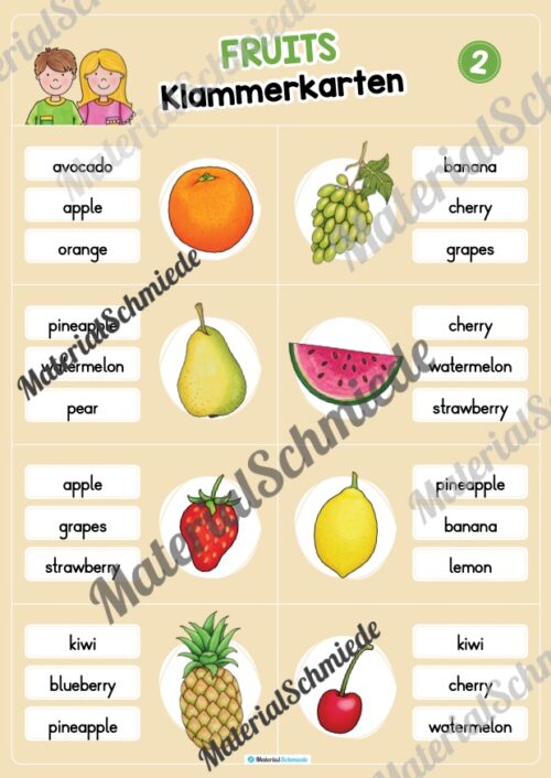 Obst / Fruits: Klammerkarten auf Englisch (Arbeitsblatt 02)