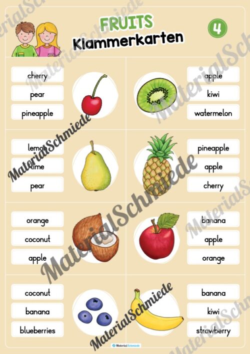 Obst / Fruits: Klammerkarten auf Englisch (Arbeitsblatt 04)