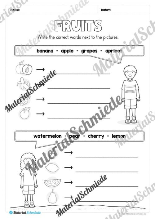 Materialpaket Obst / Fruits (Arbeitsblatt 06)