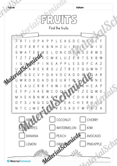 Materialpaket Obst / Fruits (Arbeitsblatt 10)