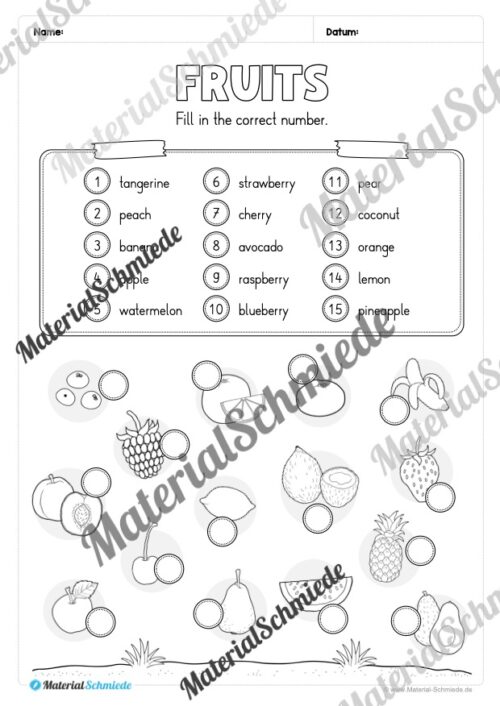 Materialpaket Obst / Fruits (Arbeitsblatt 11)