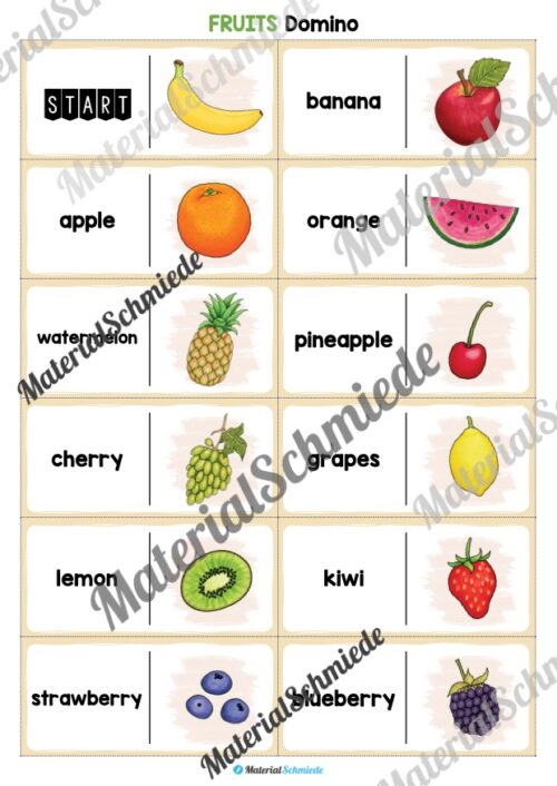 Obst / Fruits: Domino auf Englisch (23 Karten) - Arbeitsblatt 01
