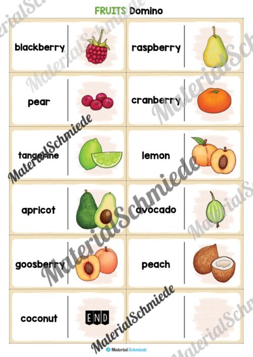 Obst / Fruits: Domino auf Englisch (23 Karten) - Arbeitsblatt 02
