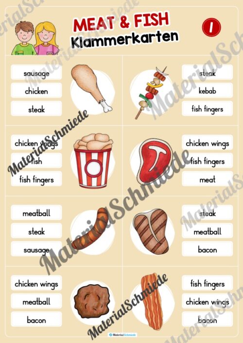 Fleisch / Meat: Klammerkarten auf Englisch (Arbeitsblatt 01)