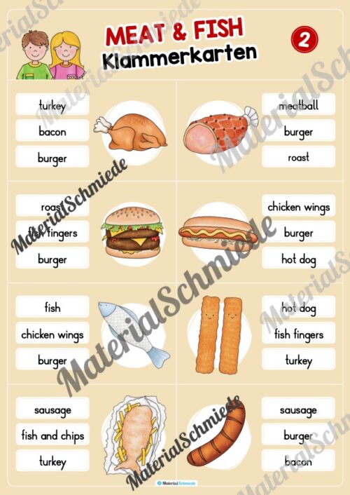 Fleisch / Meat: Klammerkarten auf Englisch (Arbeitsblatt 02)